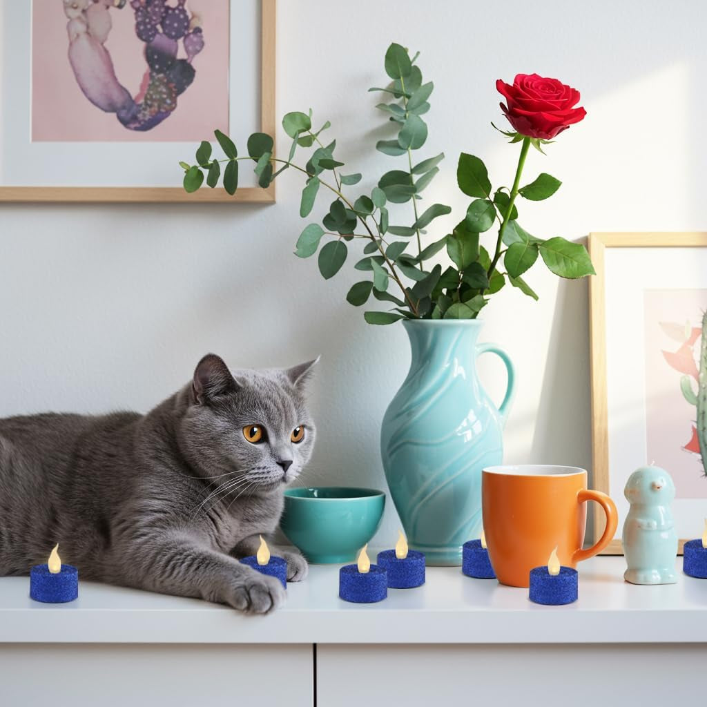 Royal Blue Glitter LED Tealight Candles Pack of 12, Flameless Flickering Tealight Candles for Home Décor, 1.5’’(W) X 1.65’’(H), Battery Operated