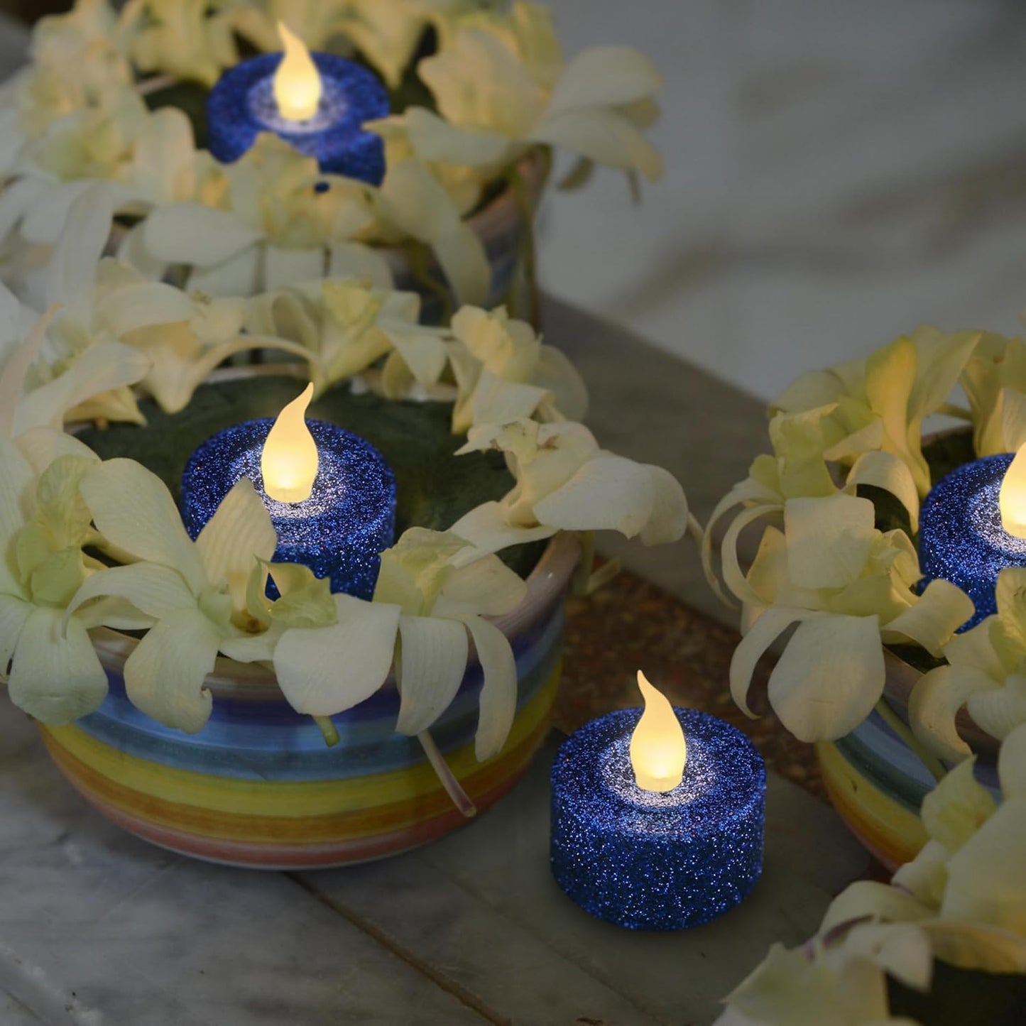Royal Blue Glitter LED Tealight Candles Pack of 12, Flameless Flickering Tealight Candles for Home Décor, 1.5’’(W) X 1.65’’(H), Battery Operated