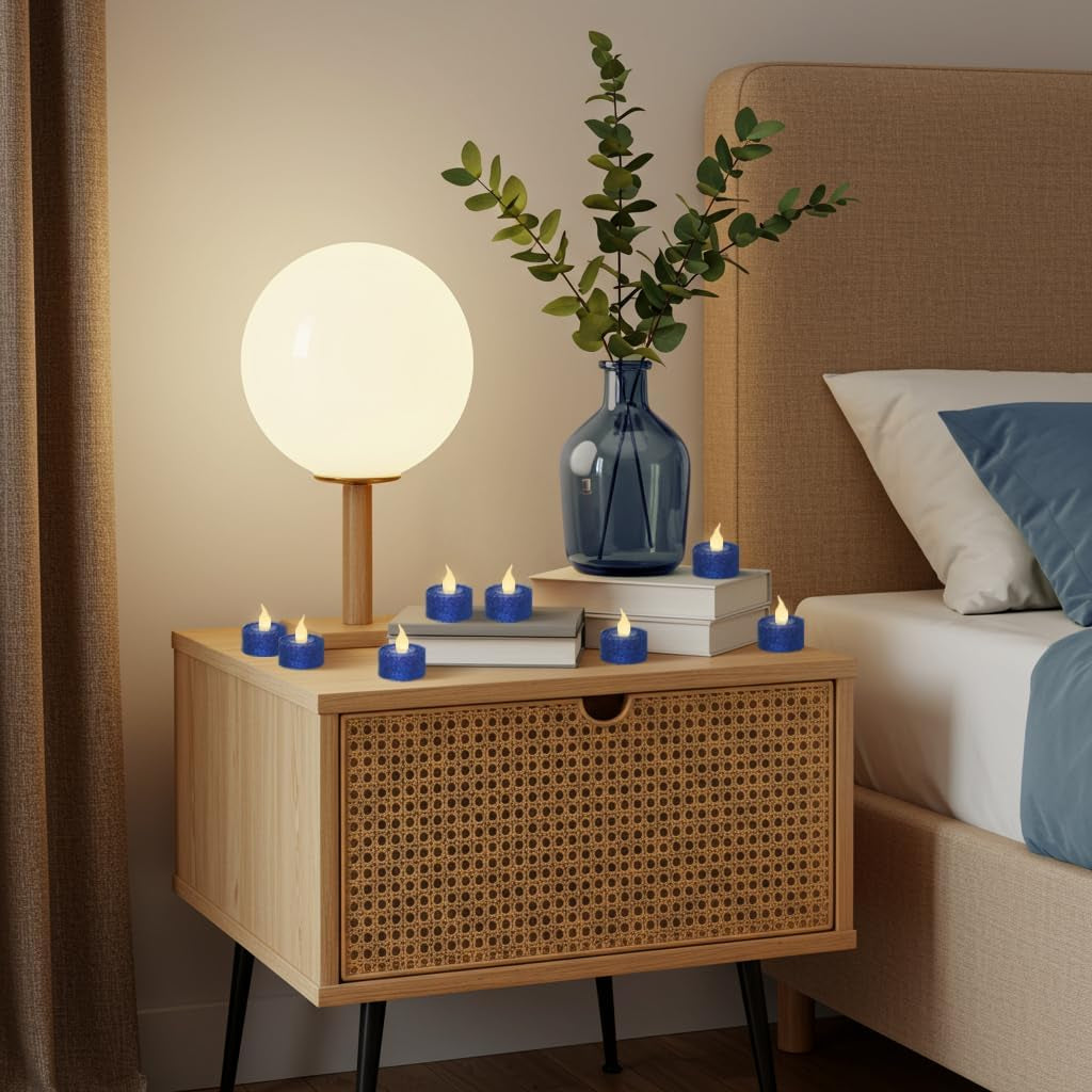 Royal Blue Glitter LED Tealight Candles Pack of 12, Flameless Flickering Tealight Candles for Home Décor, 1.5’’(W) X 1.65’’(H), Battery Operated