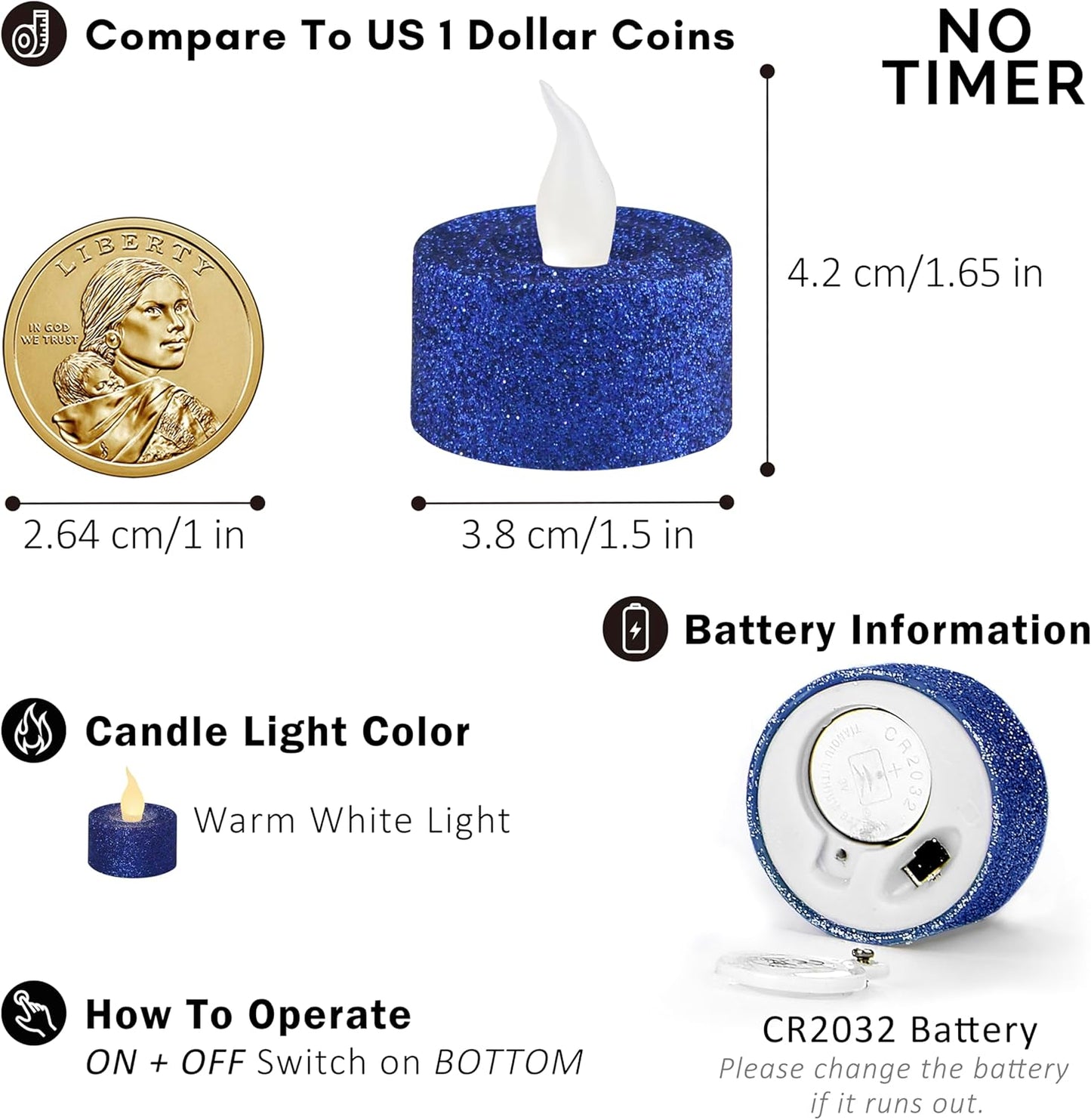 Royal Blue Glitter LED Tealight Candles Pack of 12, Flameless Flickering Tealight Candles for Home Décor, 1.5’’(W) X 1.65’’(H), Battery Operated