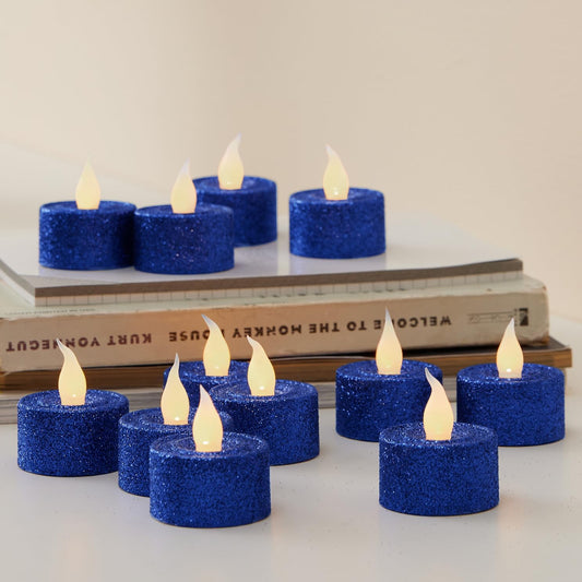 Royal Blue Glitter LED Tealight Candles Pack of 12, Flameless Flickering Tealight Candles for Home Décor, 1.5’’(W) X 1.65’’(H), Battery Operated